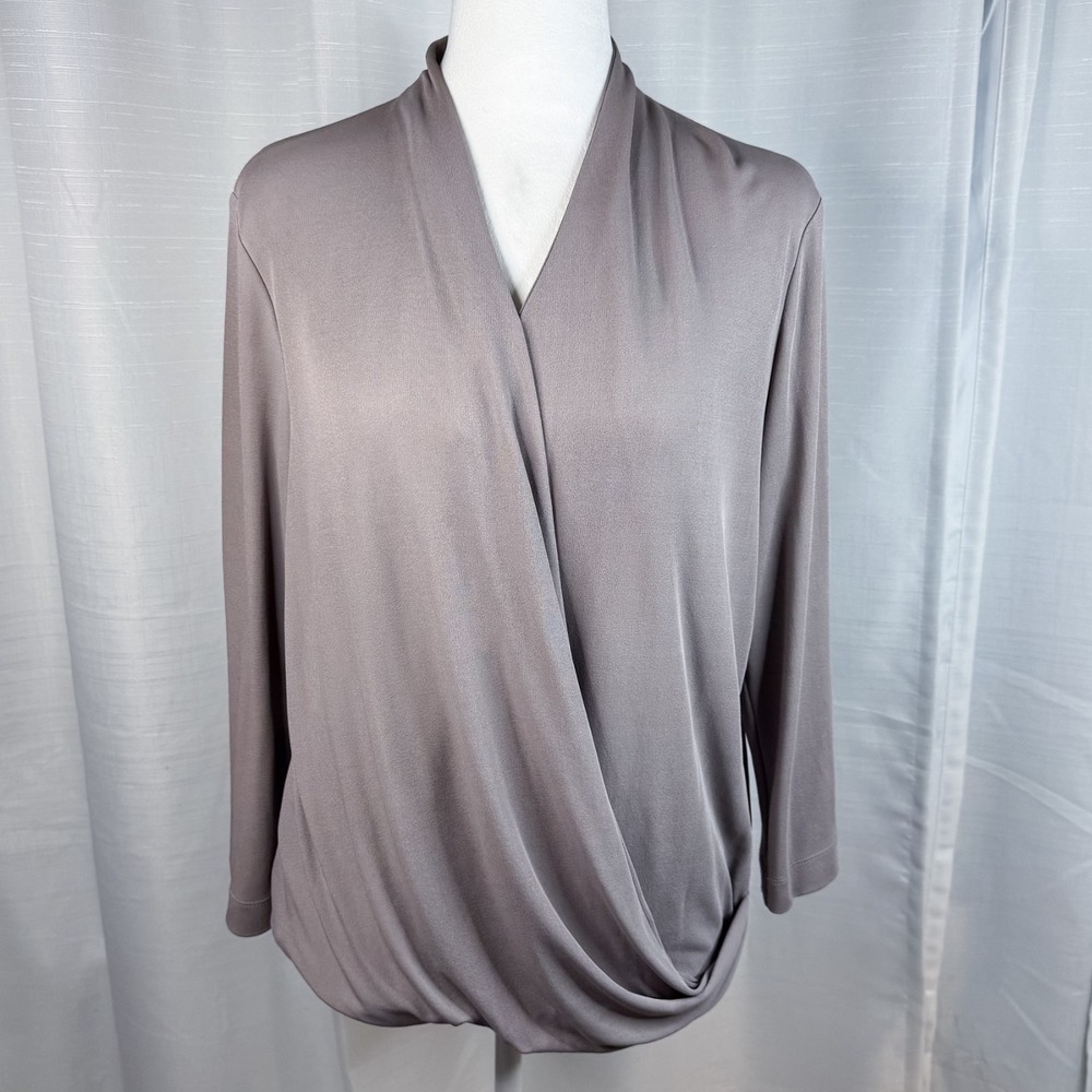 MM Lafleur Deneuve Surplice Faux Wrap Top Taupe Crepe Capsule Wardrobe LARGE